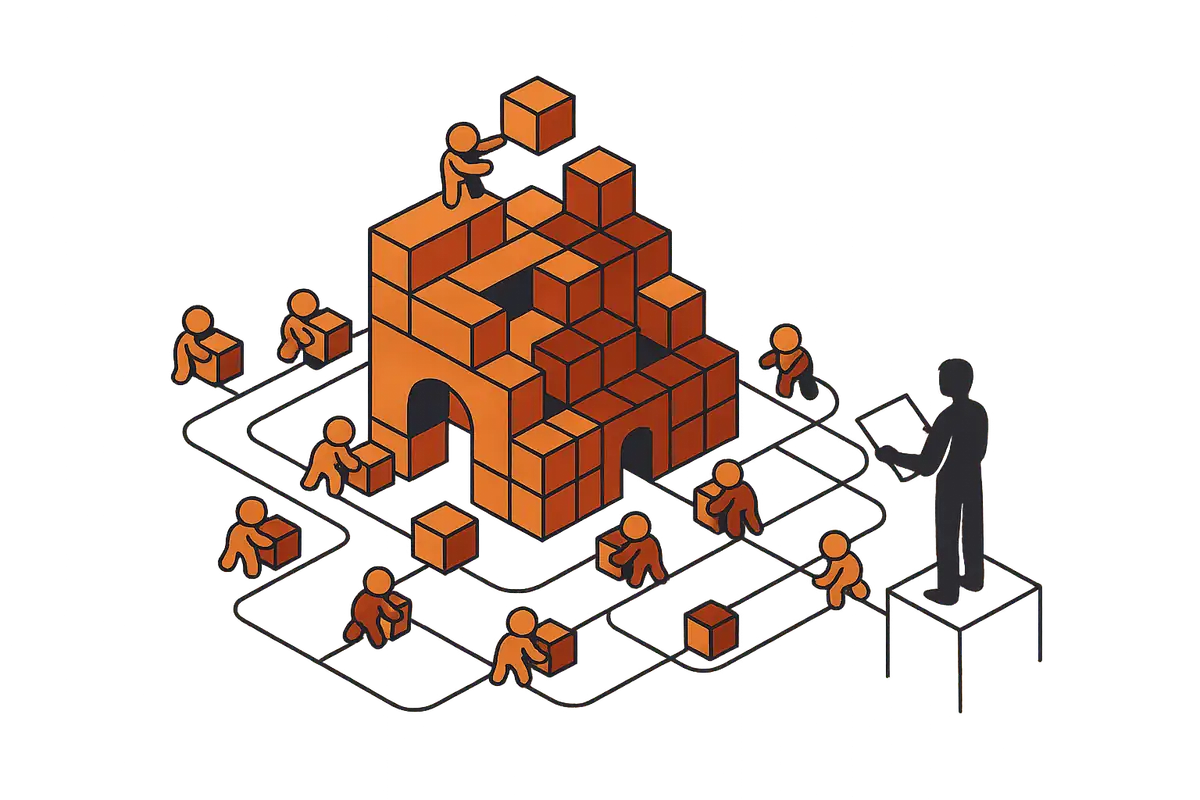 Isometric illustration of small automated workers assembling a copper block structure while a human engineer on a platform reviews a blueprint