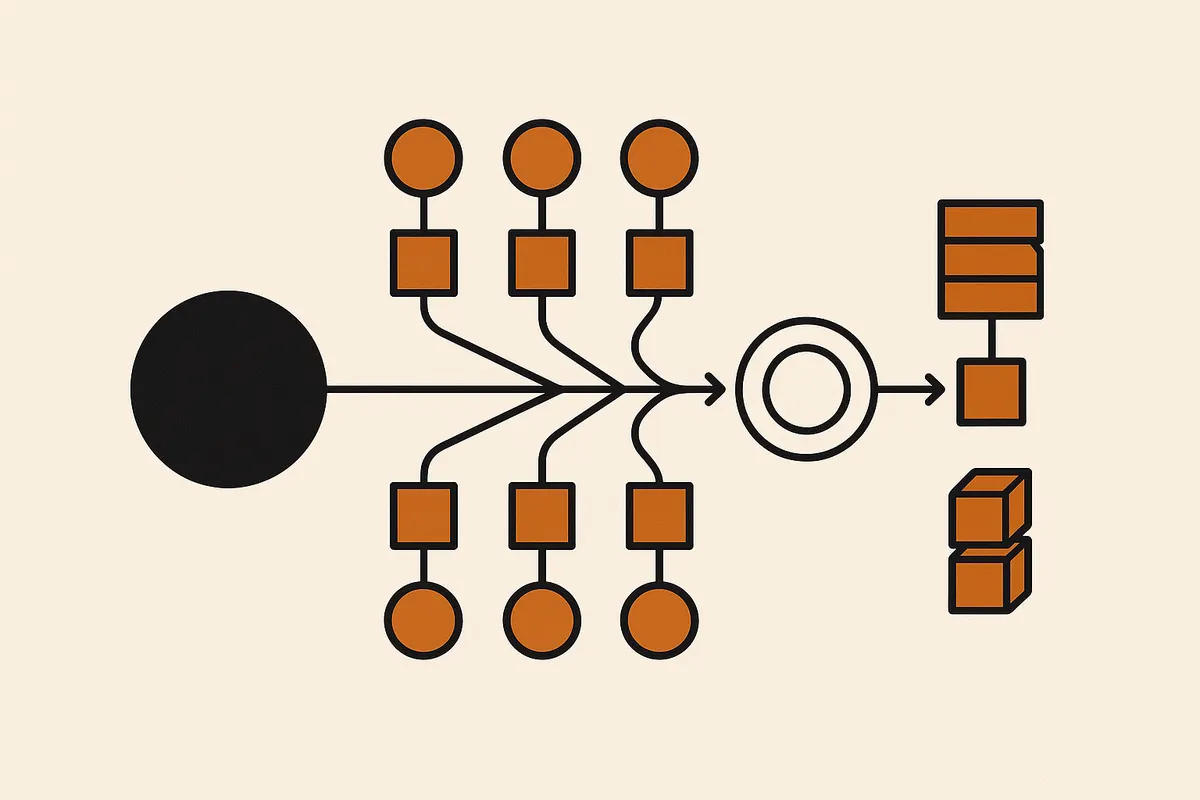 Abstract diagram of one large node branching to several parallel agent nodes whose output passes through a single verification ring before joining a finished structure