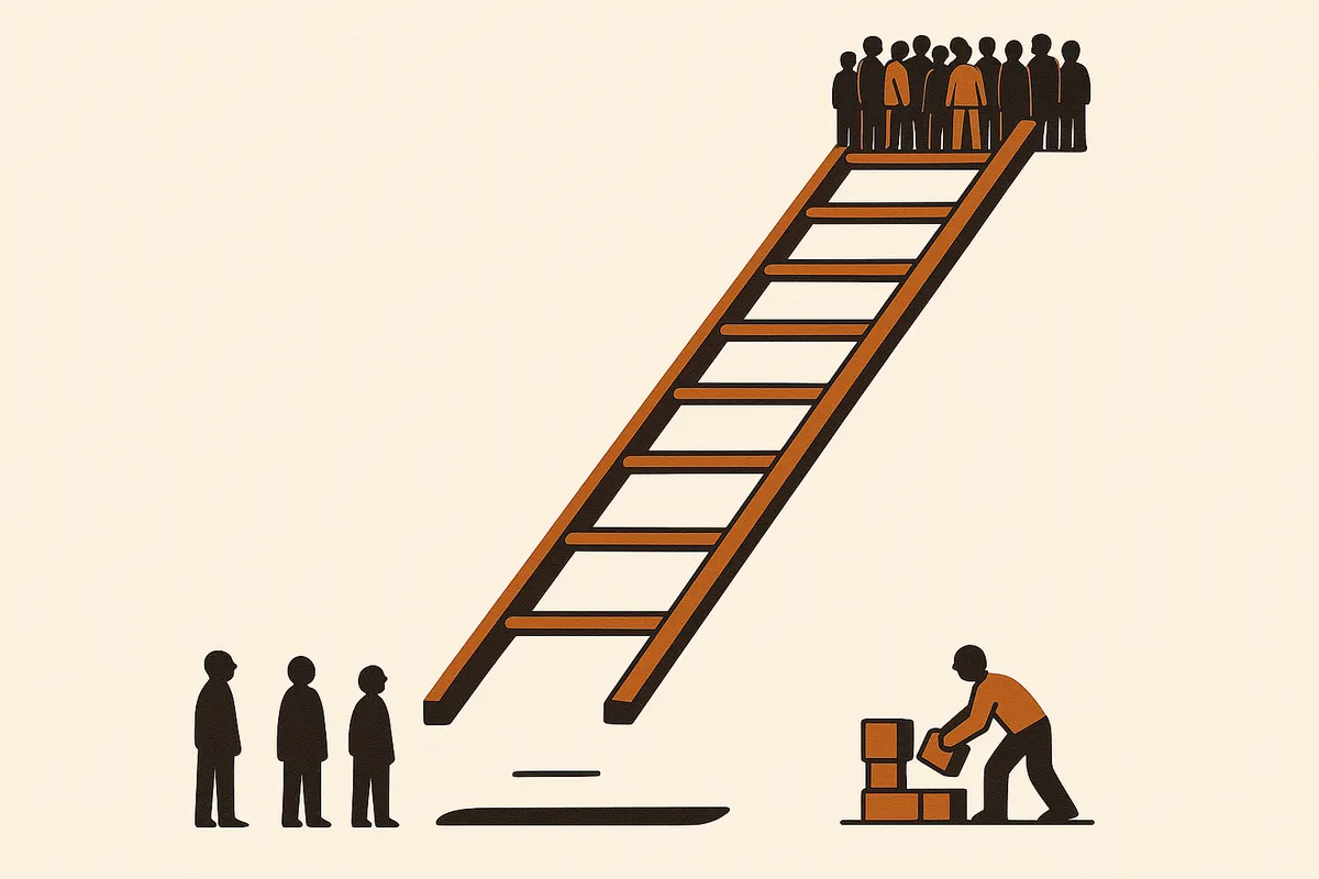 Illustration of a ladder crowded with figures at the top whose lowest rungs are missing, with figures on the ground looking up and one person building a new rung from blocks