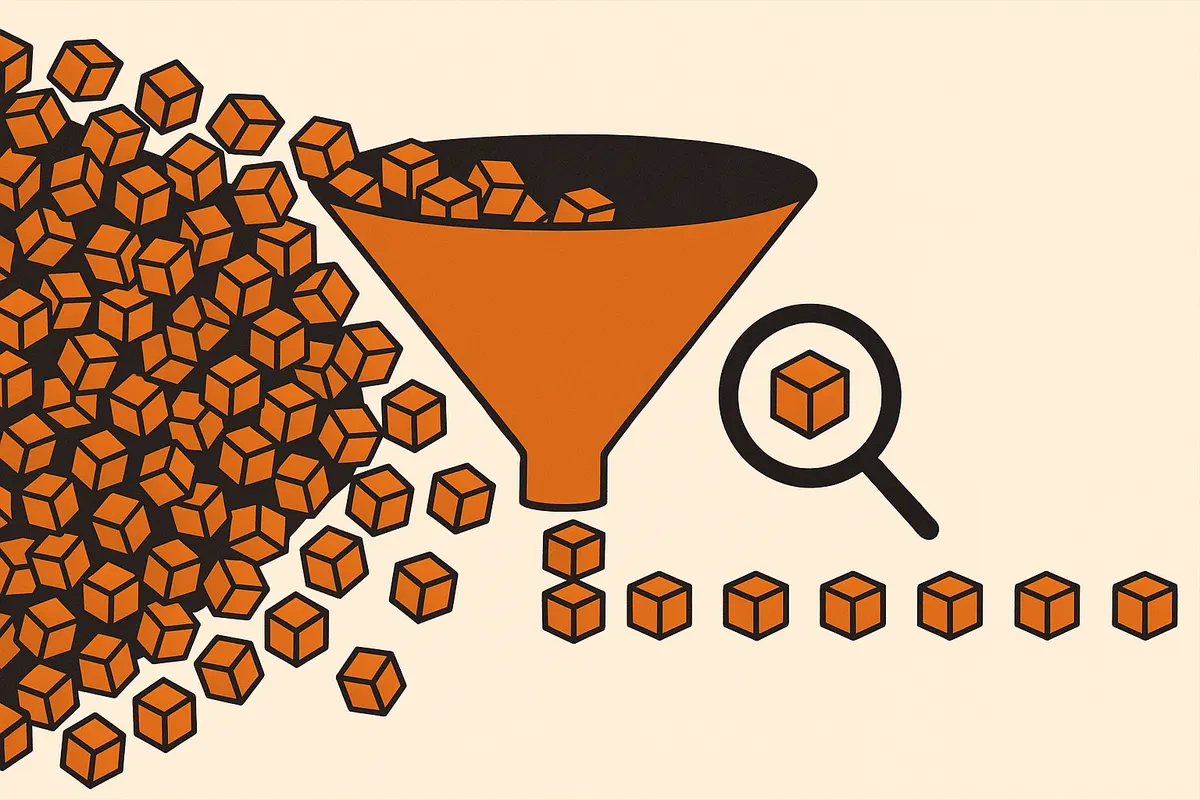 Illustration of a huge pile of copper blocks pouring into a narrow funnel, with a magnifying lens inspecting blocks as they pass through one at a time