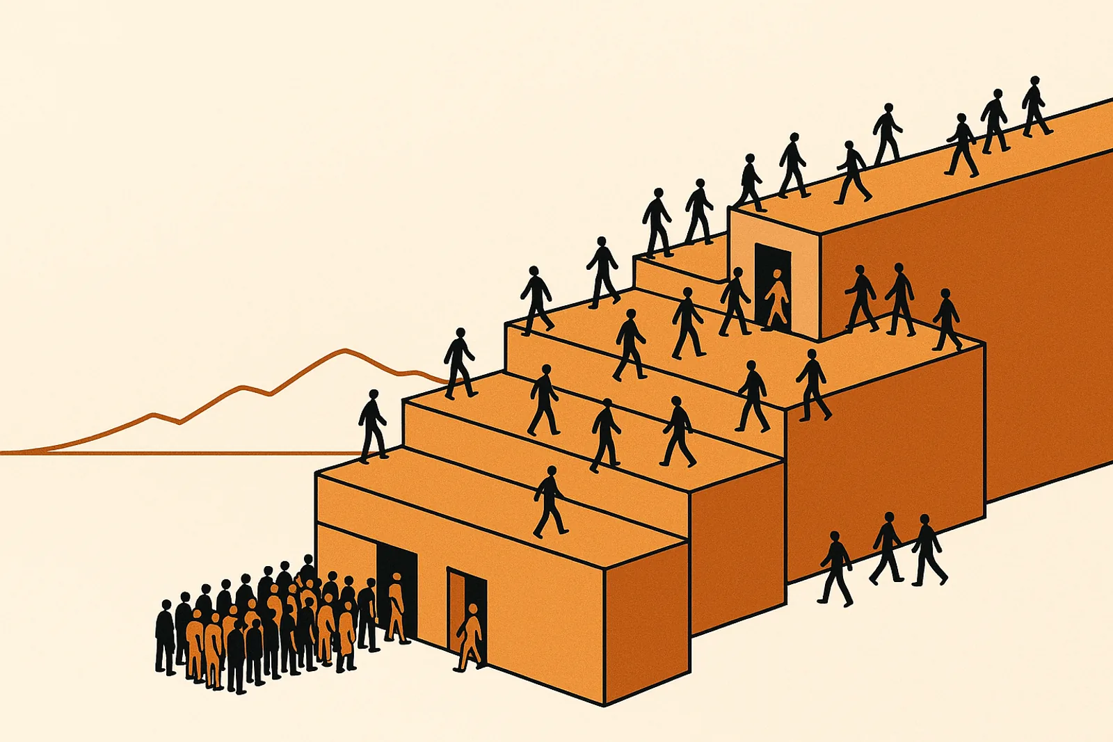 Illustration of a wide copper staircase: people walk freely on the upper steps while a large crowd waits at a small door at the bottom, with a line rising out of a valley in the background