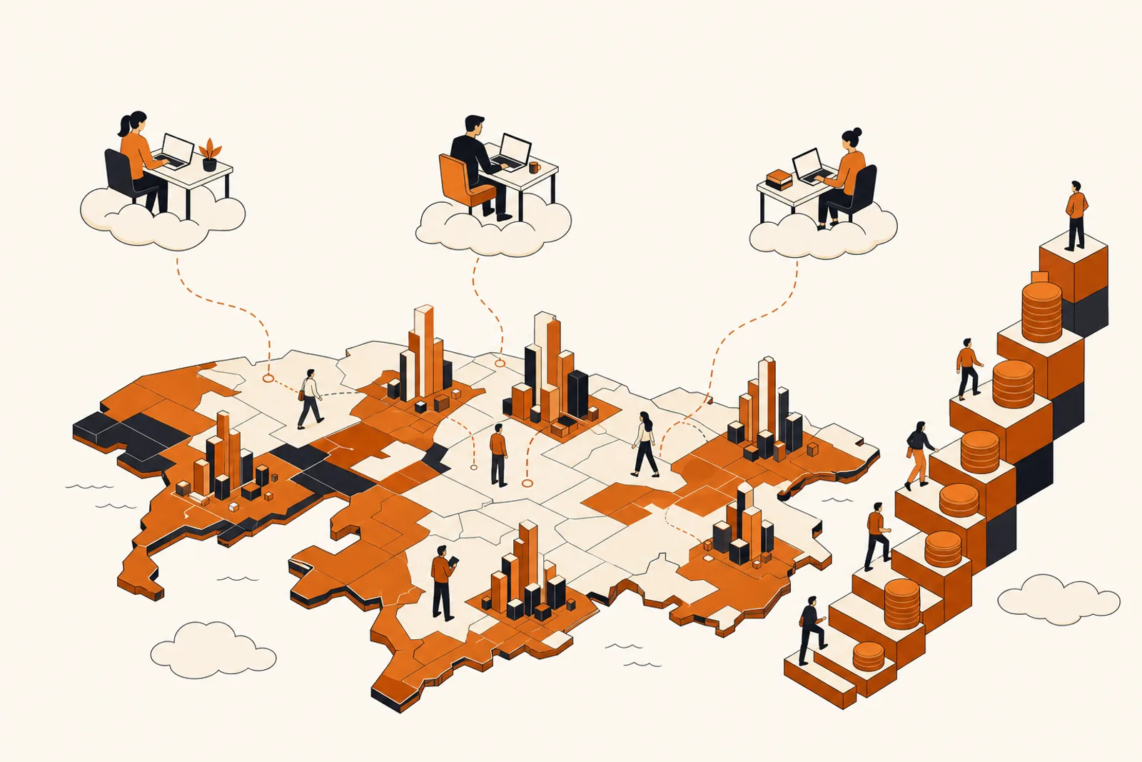 Isometric illustration of a copper and ink map with city clusters rising like bar charts, three remote workers at desks on clouds linked to the map by dotted lines, and people climbing a staircase of coin stacks